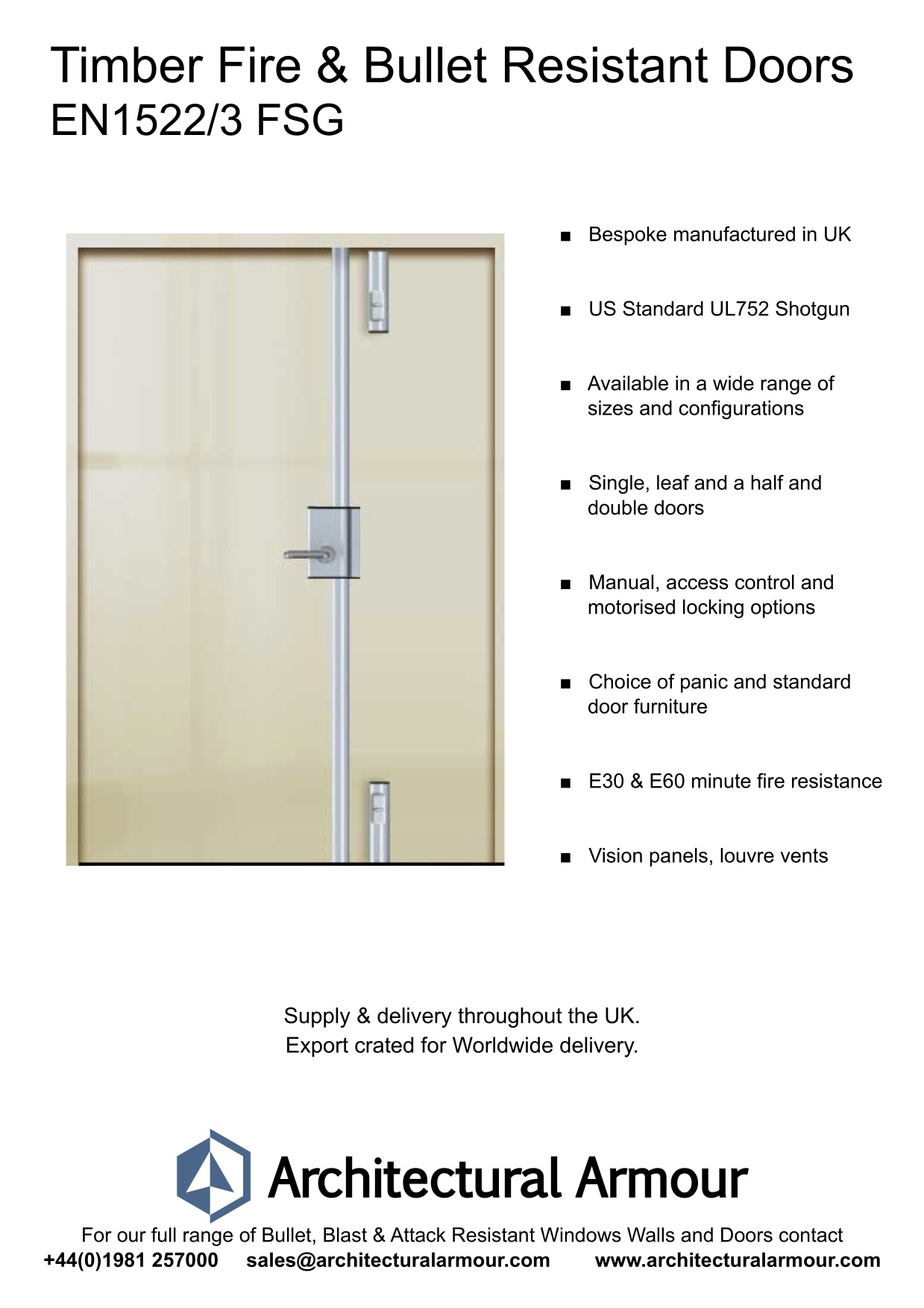 Architectural Armour BS EN 1522/3 FSG Bullet Resistant Timber Fire Doors